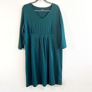 Lands End Dress Dark Green 3/4 Sleeve Jersey Knit V-neck Dress Sz XLP EUC
